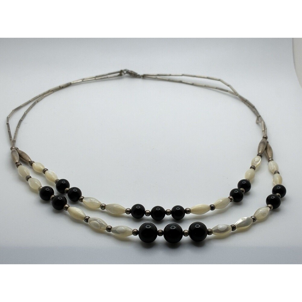 Mother Of Pearl ?Onyx? Beaded Silver Tone Necklace 20” VTG Double Strand READ - Picture 1 of 7